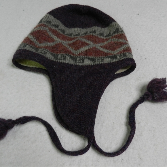 VINTAGE WigWam Wool Hat Beanie Purple Geometric Winter Aztec Fleece Lined - Picture 1 of 6